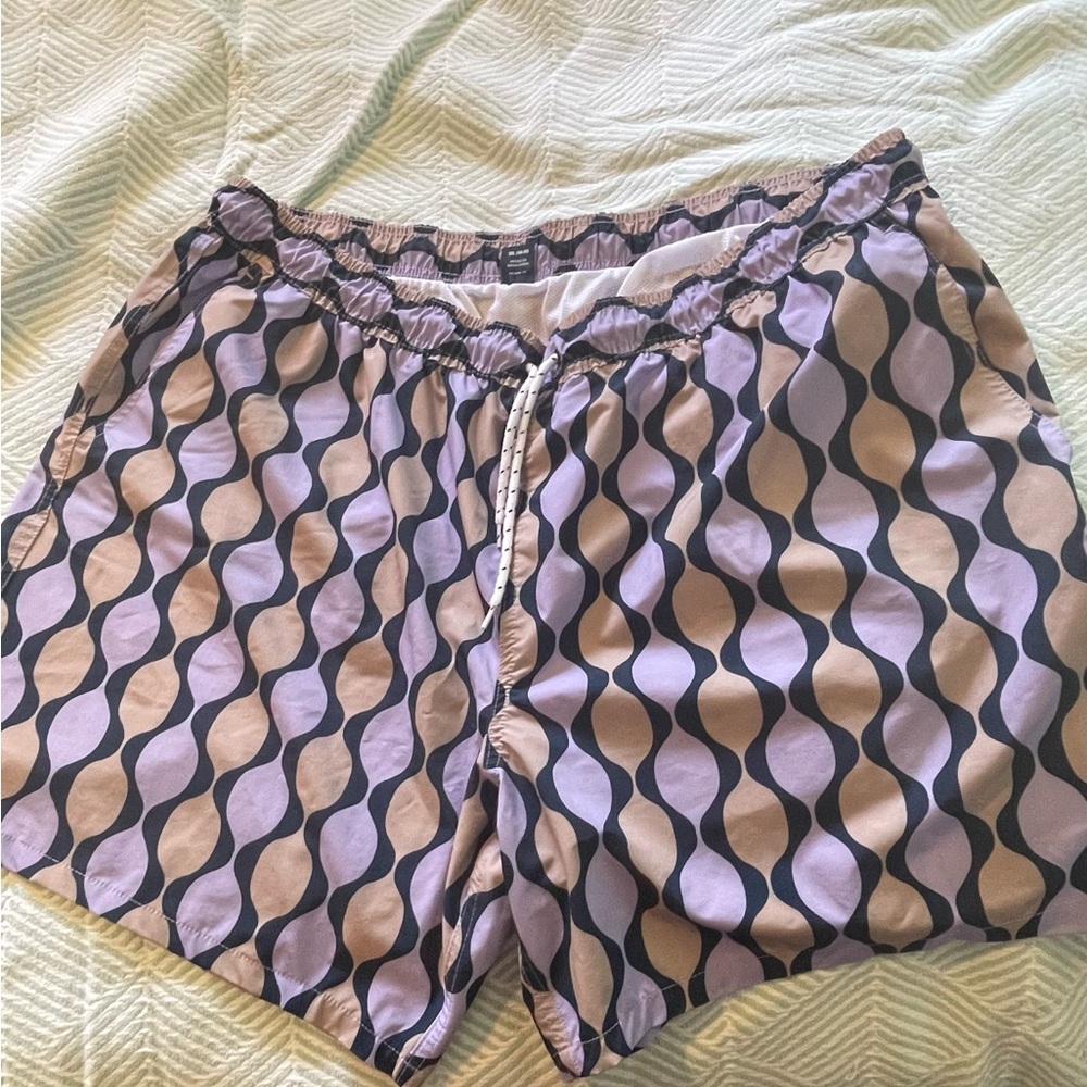 George Navy, Purple and Tan Patterned Swim Trunks.